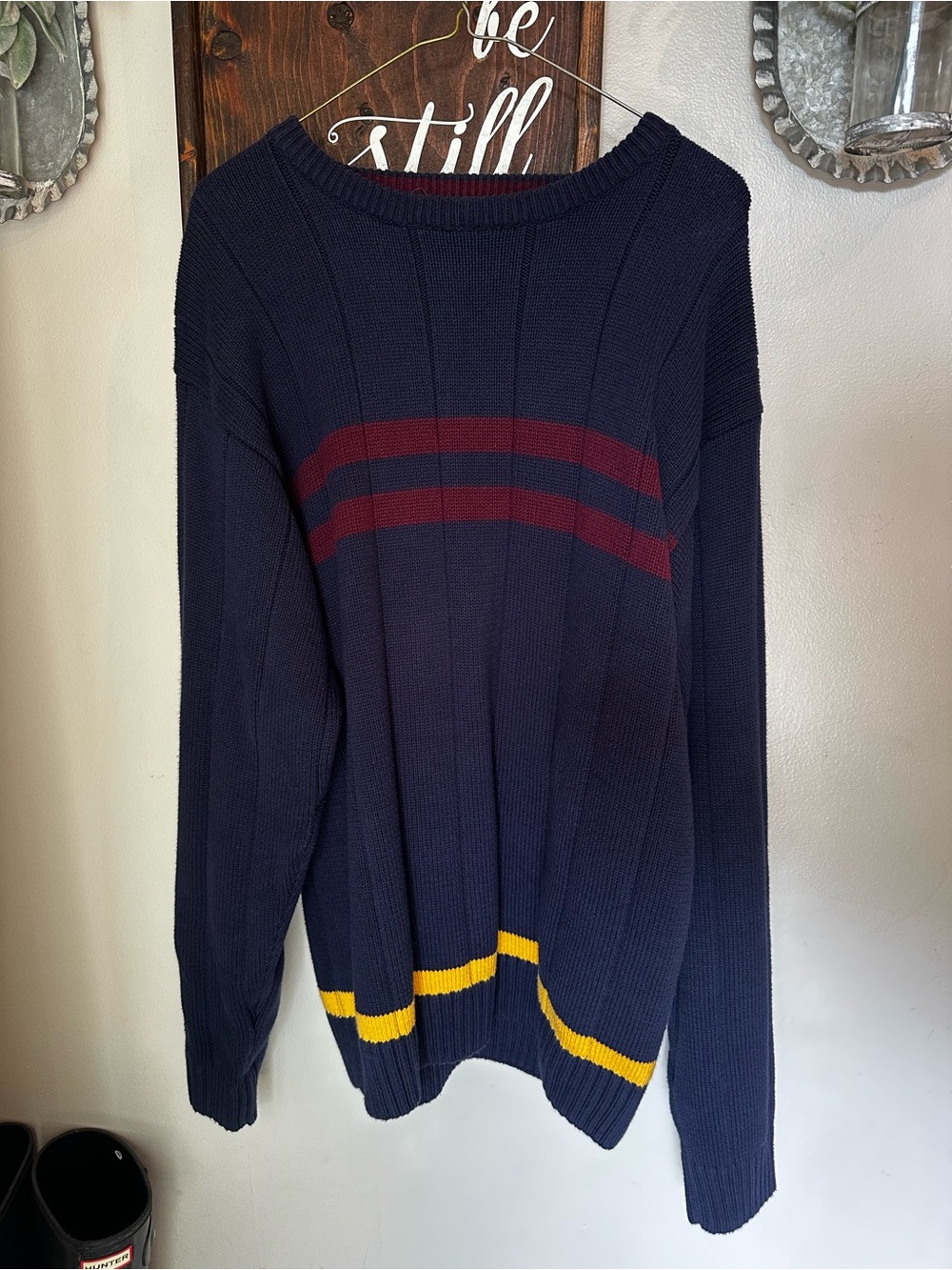 90s Vintage Tommy Hilfiger Navy Crewneck Sweater with Burgundy & Yellow Stripes